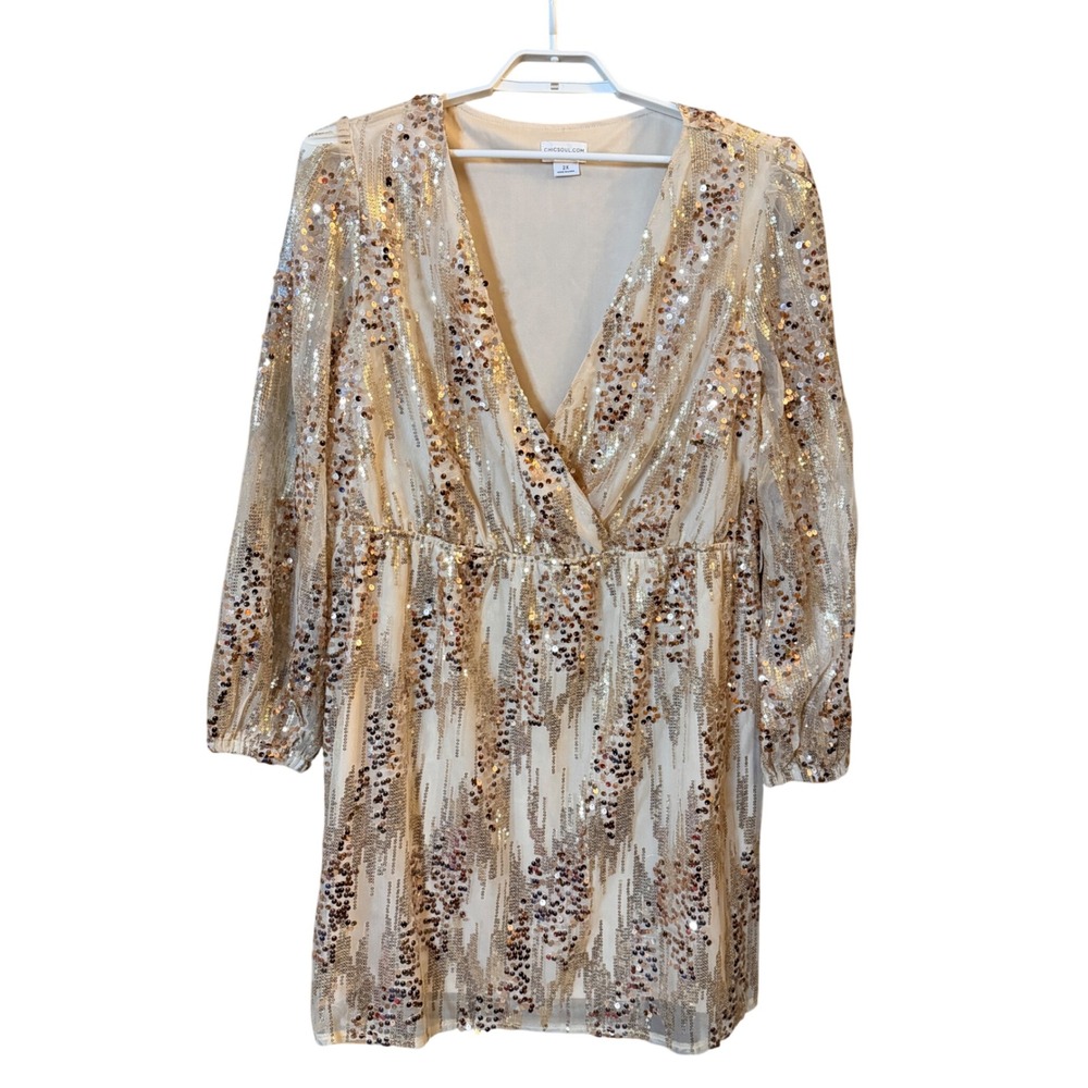 Chic Soul Sequin Mini Dress Womens 2X Gold Sparkly V-Neck Long Sleeve HL231104